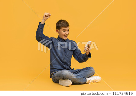 Cheerful teen boy looking at smartphone screen and celebrating success 111724619