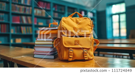 AI-generated content. School bag in a room of school. photo for advertising. Generative AI 111724849