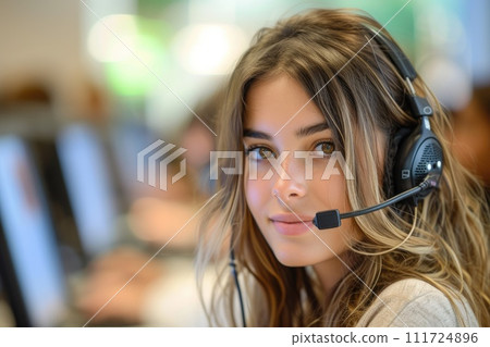AI-generated content. Woman call center worker in headphones for help and advice. Generative AI 111724896