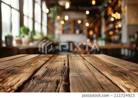 AI-generated content. Empty wooden table with restaurant blur background. Generative AI 111724923