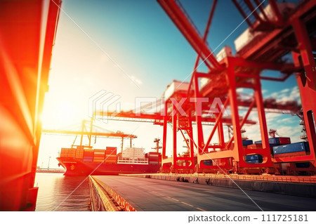 Container cargo import export at port with motion flash shiny light background. Generative AI 111725181