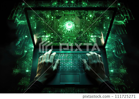 Hacker on a Laptop and Engaged in Cybercrime . Generative AI 111725271