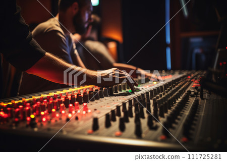 Expert sound engineer adjusts mixer knobs .generated by AI Expert sound engineer adjusts mixer knobs .generated by AI 111725281