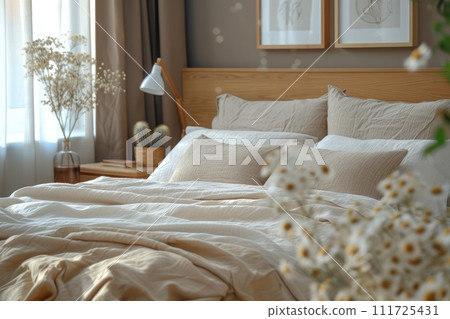 AI-generated content. White pillows and duvet on the bed. Bedroom with bed and bedding. Generative AI 111725431
