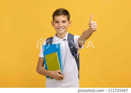 Cheerful young schoolboy with backpack and books showing thumb up 111725467