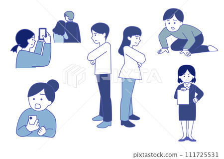 Simple illustration set of divorce, disputes, infidelity, and cheating between men and women Simple illustration set of divorce, disputes, infidelity, and cheating between men and women 111725531