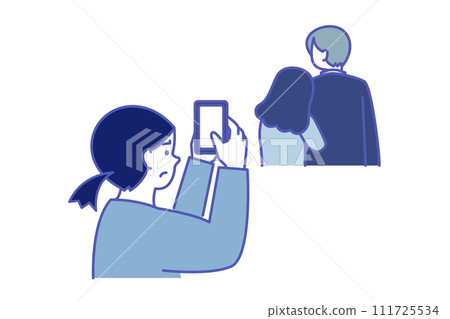 A simple illustration of a woman taking a photo of the scene of an affair with a smartphone A simple illustration of a woman taking a photo of the scene of an affair with a smartphone 111725534