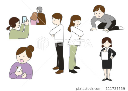 Simple illustration set of divorce, disputes, infidelity, and cheating between men and women Simple illustration set of divorce, disputes, infidelity, and cheating between men and women 111725539