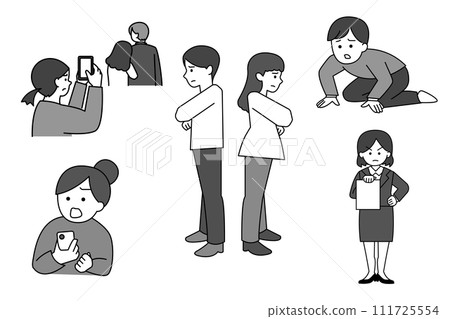 Simple illustration set of divorce, disputes, infidelity, and cheating between men and women Simple illustration set of divorce, disputes, infidelity, and cheating between men and women 111725554