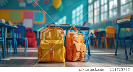 AI-generated content. School bag in a room of school. photo for advertising. Generative AI 111725755