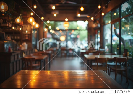 AI-generated content. Empty wooden table with bistro cafe blur background. Generative AI 111725759