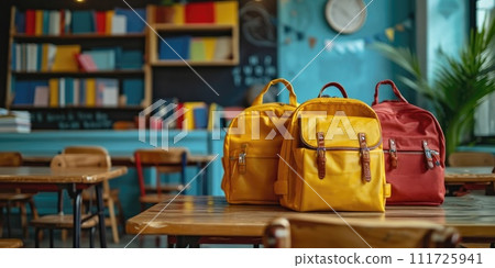 AI-generated content. School bag in a room of school. photo for advertising. Generative AI 111725941