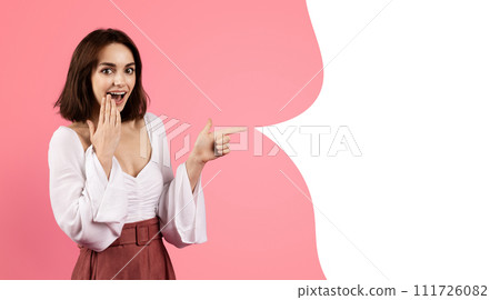 Glad brunette woman pointing finger at free space bubble, collage Glad brunette woman pointing finger at free space bubble, collage 111726082