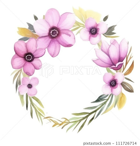AI-generated content. Watercolor flowers frame illustration for greeting card. Generative AI 111726714