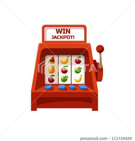 Red slot machine with fruits symbols, win jackpot slot casino, gambling game, vector cartoon casino entertainment object 111726889
