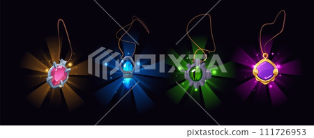 Magic amulets with glowing wizard crystal, gemstones in metal, golden or stone frame hanging on rope, vector game awards 111726953