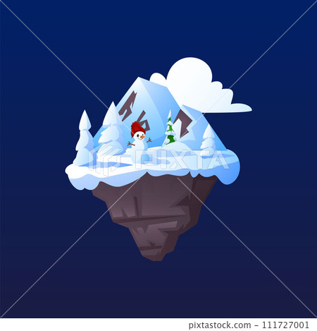Fantasy frozen forest land island with creepy snowman floating in the sky, vector cartoon level platform gui game asset Fantasy frozen forest land island with creepy snowman floating in the sky, vector cartoon level platform gui game asset 111727001