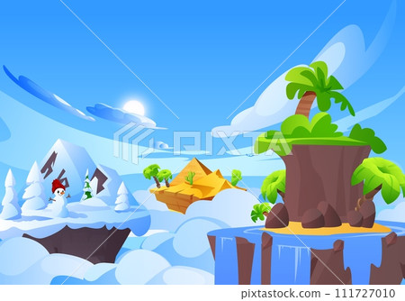 Fantasy islands floating in the sky, vector tropical, desert and snow islands, cartoon game level platforms alien world 111727010