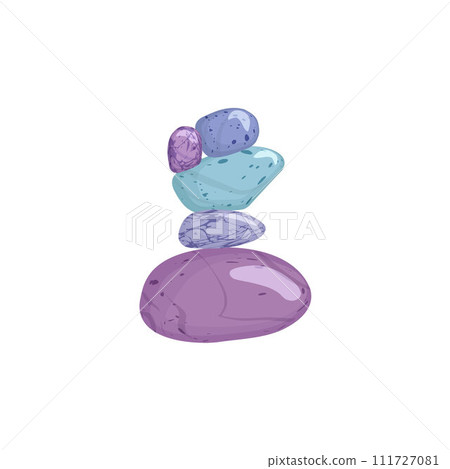 Stacked pebbles various colors, vector cartoon stone balance asymmetric pyramid, glossy minerals marble textures stack 111727081