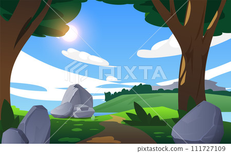 Summer forest landscape with rocks among trees, flat vector illustration. Summer forest landscape with rocks among trees, flat vector illustration. 111727109