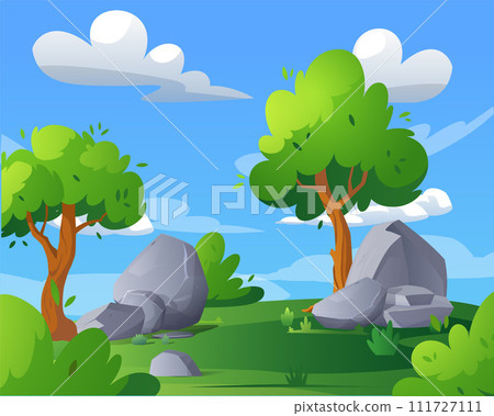 Nature forest landscape with stone rocks, big cobblestones on the lawn, grey boulders, green trees bushes vector cartoon 111727111