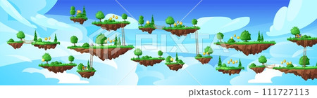 Game world with Level platforms, summer forest land islands floating in the sky, vector fantasy reward coins, chest, key 111727113