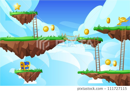 3D island game. Vector map of an arcade level with floating islands on a background of clouds. 111727115