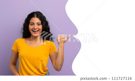 Cheerful young indian woman pointing at copy space bubble, collage 111727116