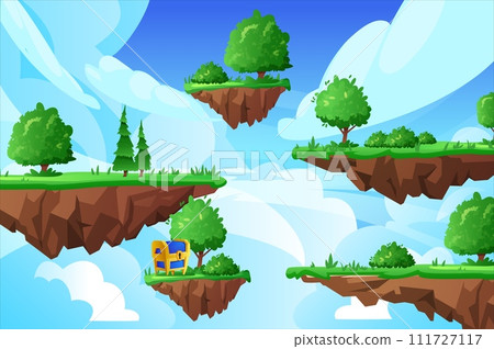 Flying level platforms with trees, bushes and treasure chest flat style Flying level platforms with trees, bushes and treasure chest flat style 111727117