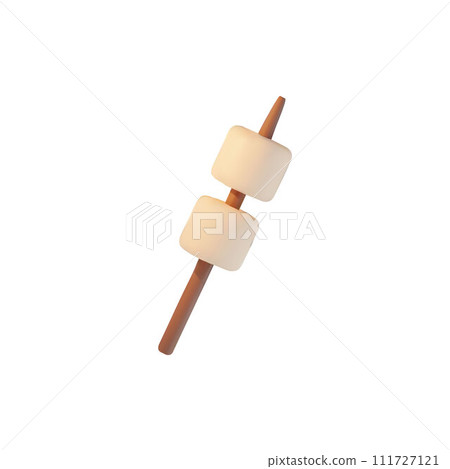 Marshmallows on wooden stick for toasting, 3D render vector sweet snacks for picnic, camping tasty dessert food isolated Marshmallows on wooden stick for toasting, 3D render vector sweet snacks for picnic, camping tasty dessert food isolated 111727121