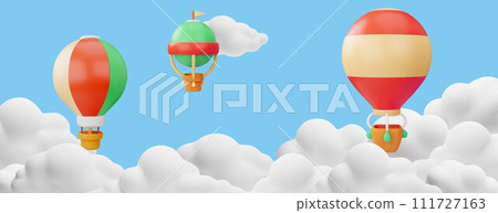 Hot air balloons with basket in the clouds, 3d vector cartoon various aerostats flying in the sky air transport festival Hot air balloons with basket in the clouds, 3d vector cartoon various aerostats flying in the sky air transport festival 111727163