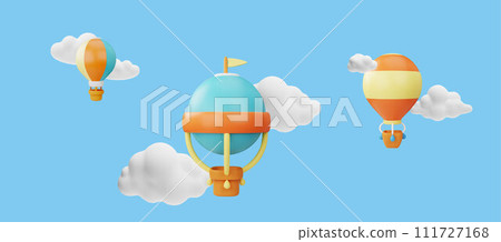 Hot air balloons with basket in the clouds, 3d vector cartoon various aerostats flying in the sky air transport festival 111727168