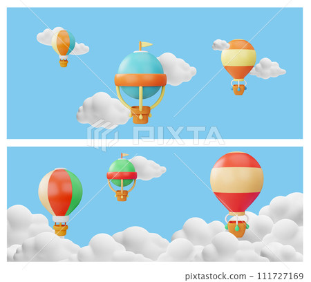 Set of website banners. with colorful hot air balloons flying among clouds 111727169