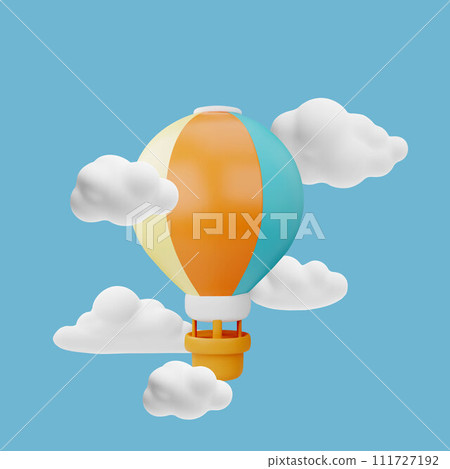 Hot air balloon with basket in the clouds, 3d vector cartoon render striped aerostat flying in the sky, air transport Hot air balloon with basket in the clouds, 3d vector cartoon render striped aerostat flying in the sky, air transport 111727192