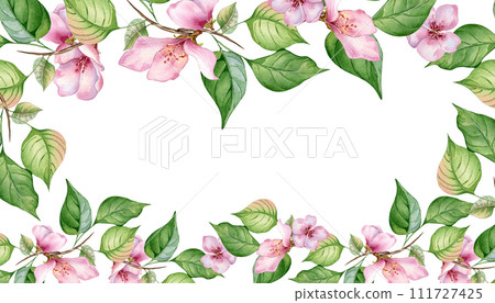 Watercolor frame with pink flowers and leaves isolated on white. Floral board with blossom fruit tree branch hand drawn. Element for wedding invitation, card, packaging, label product Watercolor frame with pink flowers and leaves isolated on white. Floral board with blossom fruit tree branch hand drawn. Element for wedding invitation, card, packaging, label product 111727425