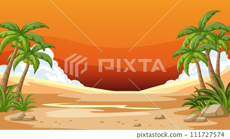 Tropical Sunset Oasis Vector Illustration 111727574