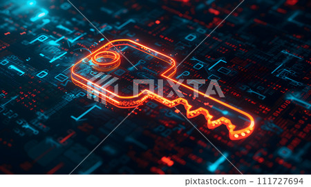 AI-generated content. orange holographic key icon on flat glowing futuristic circuit board background 111727694