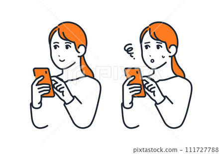 Simple vector illustration set material of a young woman operating a smartphone Simple vector illustration set material of a young woman operating a smartphone 111727788