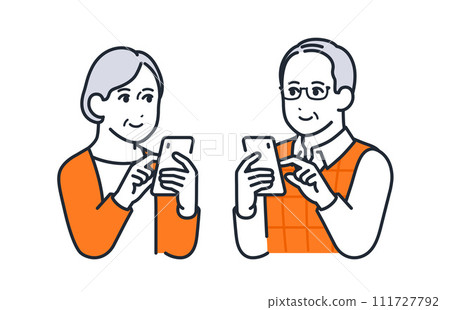 Simple vector illustration material of male and female seniors operating smartphones 111727792