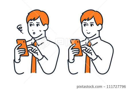 Simple vector illustration set material of a young businessman operating a smartphone 111727796