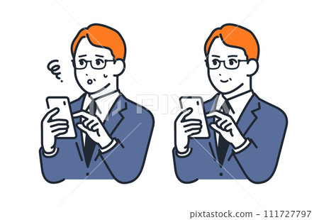 Simple vector illustration set material of a middle-aged male boss operating a smartphone 111727797