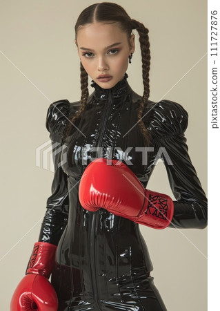 Portrait of a stylish girl in boxing gloves and latex suit on a white background 111727876