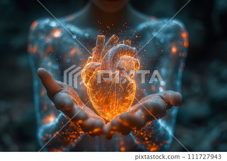 A red - hot human heart in his hands . 3d illustration A red - hot human heart in his hands . 3d illustration 111727943
