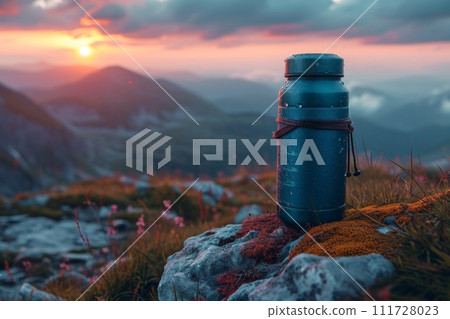 An outdoor thermos flask stands on a rock at sunset 111728023
