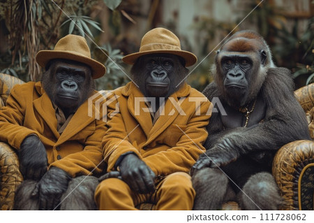 Gorillas in clothes are sitting on a couch outside 111728062