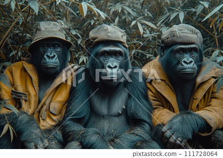 Gorillas in clothes are sitting on a couch outside 111728064