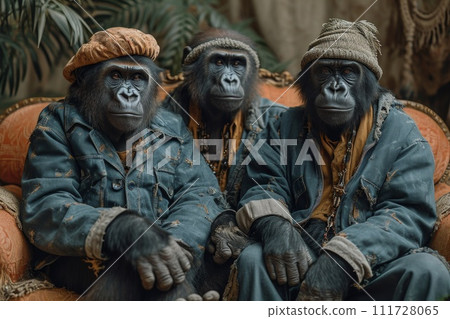 Gorillas in clothes are sitting on a couch outside 111728065