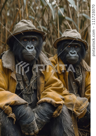 Gorillas in clothes are sitting on a couch outside 111728070