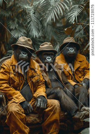 Gorillas in clothes are sitting on a couch outside 111728076