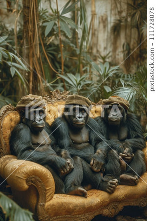 Gorillas in clothes are sitting on a couch outside 111728078